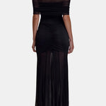 Jenesis – Slinky Off-Shoulder Mesh Maxi Dress