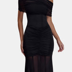 Jenesis – Slinky Off-Shoulder Mesh Maxi Dress