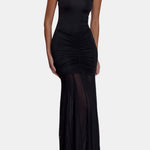 Jenesis – Slinky Off-Shoulder Mesh Maxi Dress
