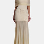 Jenesis – Slinky Off-Shoulder Mesh Maxi Dress