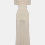 Jenesis – Slinky Off-Shoulder Mesh Maxi Dress