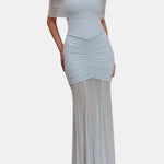 Jenesis – Slinky Off-Shoulder Mesh Maxi Dress