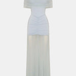 Jenesis – Slinky Off-Shoulder Mesh Maxi Dress