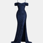 Jillian – Off-Shoulder Split Sequin Dress