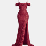 Jillian – Off-Shoulder Split Sequin Dress