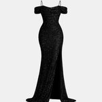 Jillian – Off-Shoulder Split Sequin Dress