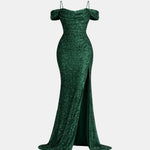 Jillian – Off-Shoulder Split Sequin Dress
