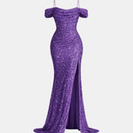 Jillian – Off-Shoulder Split Sequin Dress