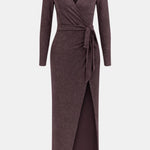 Katalina – Shimmer Wrap Maxi Dress with Waist Tie in Silver