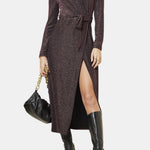 Katalina – Shimmer Wrap Maxi Dress with Waist Tie in Silver