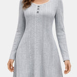 Kathy – Ribbed Button Detail Long Sleeve Dress in Grey