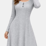 Kathy – Ribbed Button Detail Long Sleeve Dress in Grey