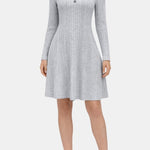 Kathy – Ribbed Button Detail Long Sleeve Dress in Grey