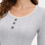 Kathy – Ribbed Button Detail Long Sleeve Dress in Grey