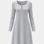 Kathy – Ribbed Button Detail Long Sleeve Dress in Grey