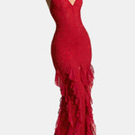 Katrice – Embellished Halter Ruffle Long Dress in Red
