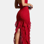 Katrice – Embellished Halter Ruffle Long Dress in Red