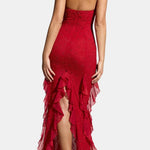 Katrice – Embellished Halter Ruffle Long Dress in Red