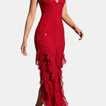 Katrice – Embellished Halter Ruffle Long Dress in Red