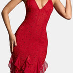 Katrice – Embellished Halter Ruffle Long Dress in Red