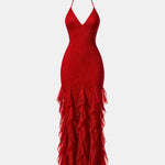 Katrice – Embellished Halter Ruffle Long Dress in Red