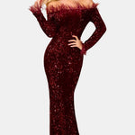 Kendall - Sequin Off-Shoulder Feather Evening Dress