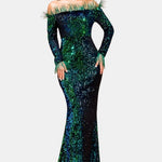 Kendall - Sequin Off-Shoulder Feather Evening Dress