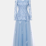 Kylee – Butterfly-Embroidered Lace Maxi Dress with Sheer Sleeves
