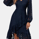 Lakelynn – Ruffled Lace V-Neck Midi Dress with Statement Sleeves