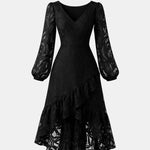Lakelynn – Ruffled Lace V-Neck Midi Dress with Statement Sleeves