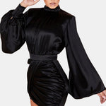 Lallaine – Black Stand Collar Ruched Balloon Sleeve Mini Dress