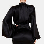 Lallaine – Black Stand Collar Ruched Balloon Sleeve Mini Dress