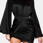 Lallaine – Black Stand Collar Ruched Balloon Sleeve Mini Dress