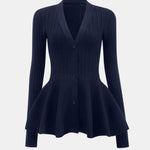 Lia – Solid V-Neck Puff Hem Sweater Cardigan