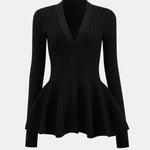 Lia – Solid V-Neck Puff Hem Sweater Cardigan