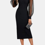 Lottie – Button-Detail V-Neck Midi Dress with Sheer Sleeves