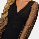 Lottie – Button-Detail V-Neck Midi Dress with Sheer Sleeves