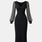 Lottie – Button-Detail V-Neck Midi Dress with Sheer Sleeves