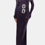 Louis – Crystal Buckle High Neck Long Dress in Purple