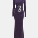 Louis – Crystal Buckle High Neck Long Dress in Purple