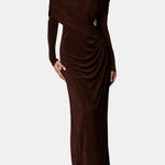 Luella – Brown Off-Shoulder Gathered Maxi Dress with Sculpted Elegance