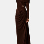 Luella – Brown Off-Shoulder Gathered Maxi Dress with Sculpted Elegance