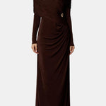 Luella – Brown Off-Shoulder Gathered Maxi Dress with Sculpted Elegance