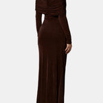 Luella – Brown Off-Shoulder Gathered Maxi Dress with Sculpted Elegance