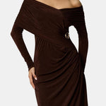 Luella – Brown Off-Shoulder Gathered Maxi Dress with Sculpted Elegance