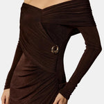 Luella – Brown Off-Shoulder Gathered Maxi Dress with Sculpted Elegance