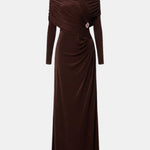 Luella – Brown Off-Shoulder Gathered Maxi Dress with Sculpted Elegance