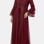 Lunessa – Sequin Lace Tie Waist Abaya in Raisin