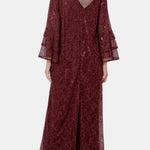 Lunessa – Sequin Lace Tie Waist Abaya in Raisin