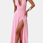 Mae – Plunging Halter Split Long Dress